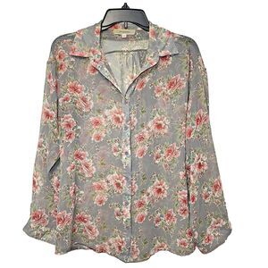 Pleione Light Gray Floral Long Sleeve Button Up Blouse Wmn's Sz Medium Sheer